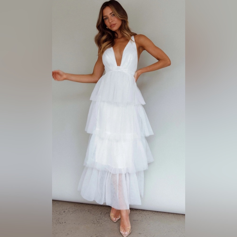 AUGUSTE TIERED FRILL MIDI DRESS WHITE